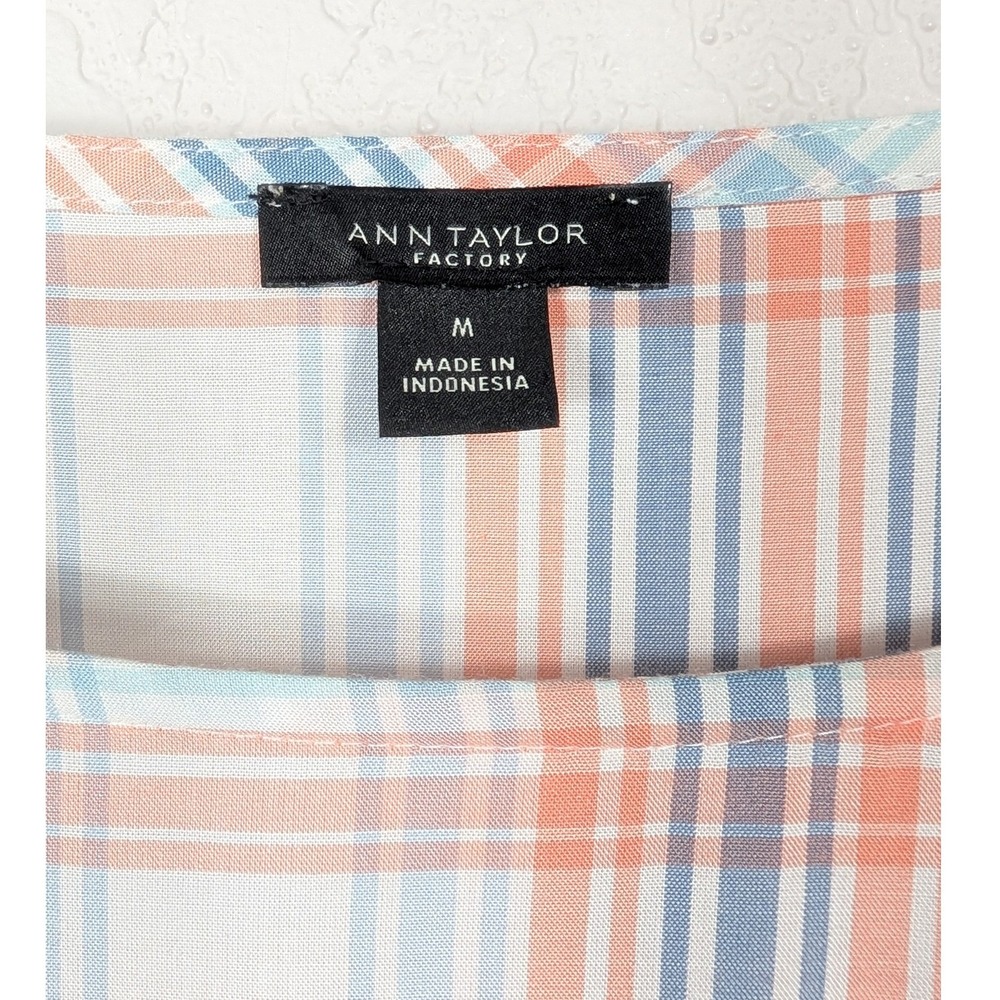 Ann Taylor Blouse Women Medium White Blue Orange Plaid Smocked Long Sleeve - Picture 5 of 8